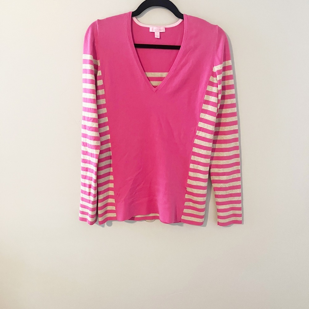 Lilly Pulitzer Adelaide Sweater Pink striped V neck women's large